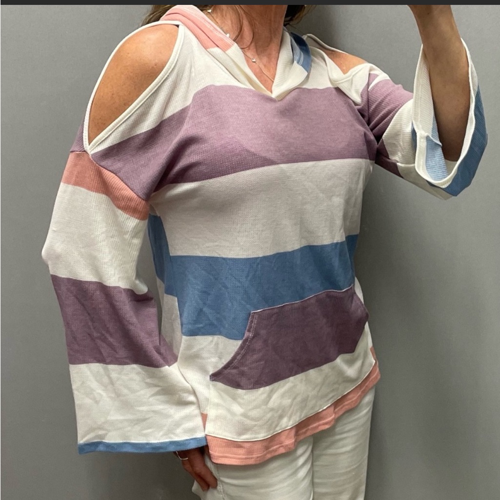 (132)Cold Shoulder Hooded Long Sleeve Top